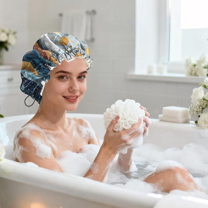 Shower Cap Reusable Double Layer Adjustable Elastic Waterproof EVA Hair Bath - Image 7