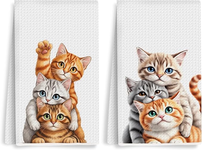 2PCS Cute Cat Kitchen Towels, Cat Themed Gifts Reusable Absorbent Waffle Weave by Unknown