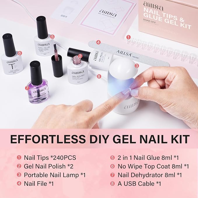 AILLSA Almond Nail Kit with U V Lamp 240pcs Short Gel Nail Tips and Glue Gel - Image 4