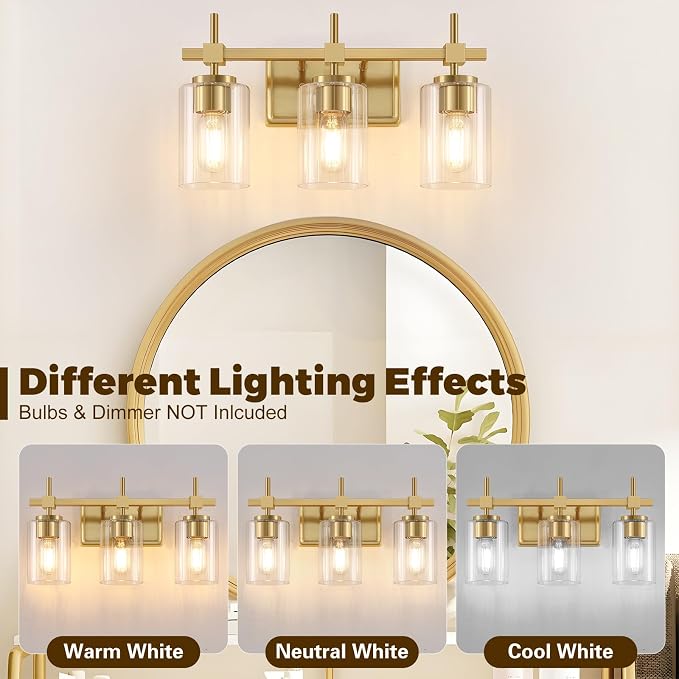 Asnxcju 3-Light Brushed Gold Bathroom Light Fixtures, Modern Gold Vanity Lights - Image 5