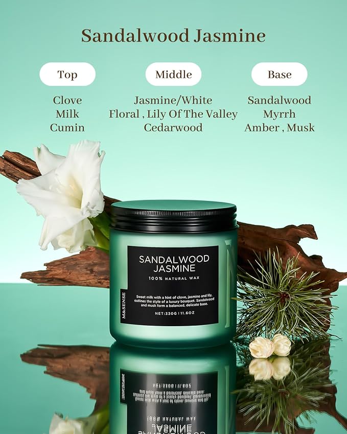 M&SENSE Sandalwood Jasmine Home Scented Candles, 11.6oz Organic Natural Soy Wax - Image 2