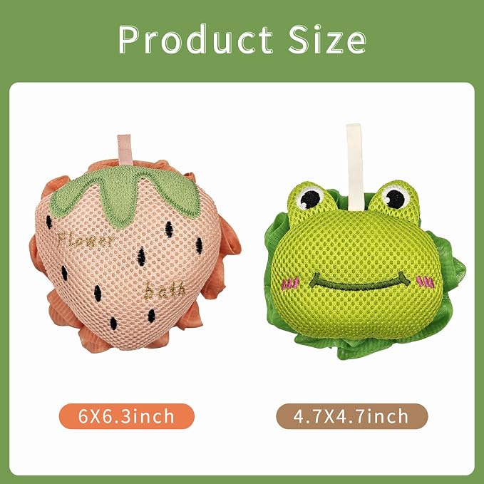 Kids Bath Sponge, Cute Kids Loofah Frog&Strawberry Shower Pouf, Soft Mesh Bath - Image 7