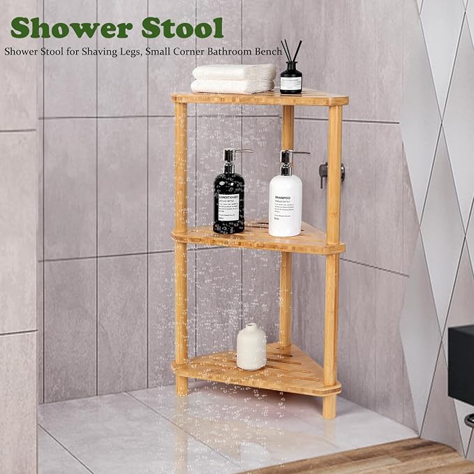 Bamboo Corner Shower Caddy Stand 3-Tier Waterproof, Free Standing Bathroom - Image 5