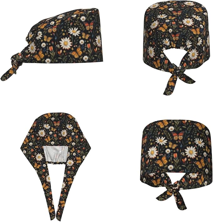 Scrub Cap for Women and Men Boho Black Leaf Pattern Adjustable Breathable - Image 2