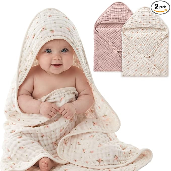 Blissful Diary Muslin Baby Hooded Towel 2 Pack, Soft & Absorbent Bath Towel by ForEveryBabysBetterLife