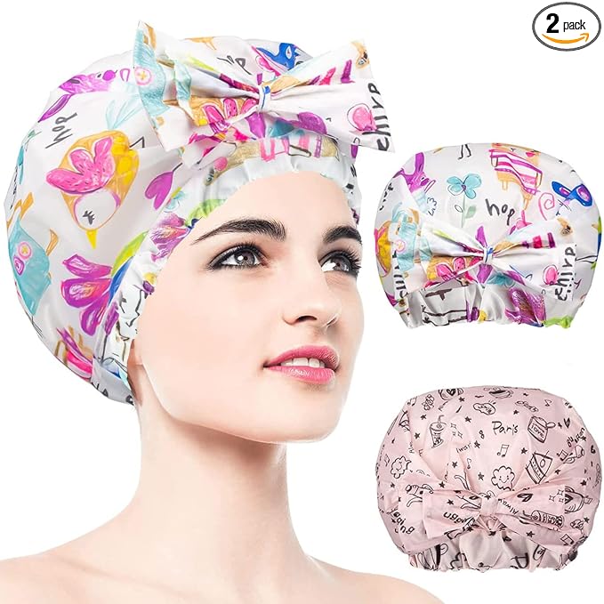 2 PCS Shower Caps, Reusable & Extra Large & Adjustable & Double Layer by WINSTECK