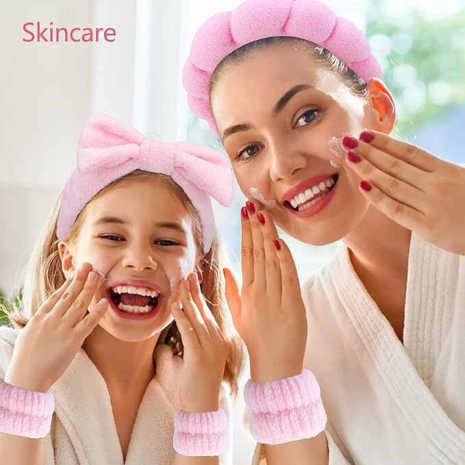 Chanaco Spa Wristband and Pink Puffy Sponge Makeup Headband Set - Image 2
