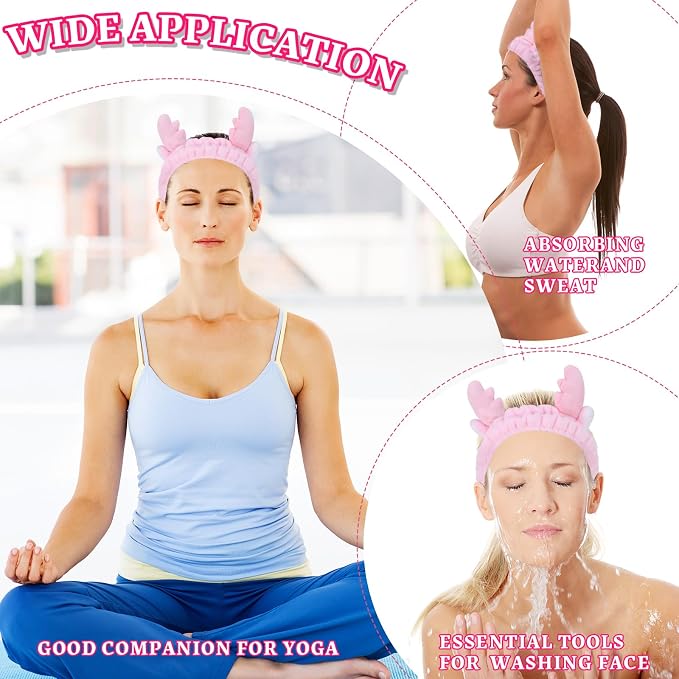 Jowmoy Cute Pink antlers Headband Frog Eye Elastic to Wash Face - Image 5