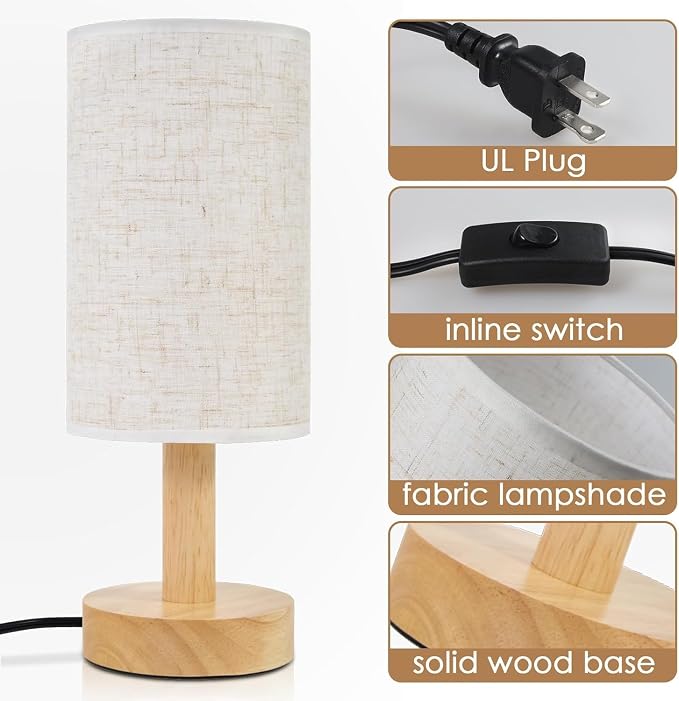 Small Bedside Table Lamps for Bedroom Set of 2, Natural Round Wood Base&Fabric - Image 6