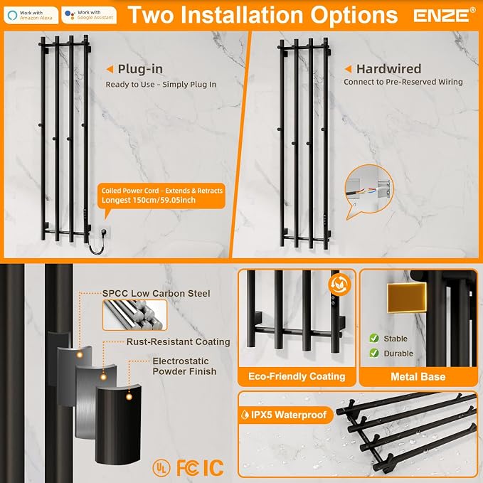 ENZE Smart Heated Towel Rack, Wall Mounted Electric Towel Warmer 300W - Image 8