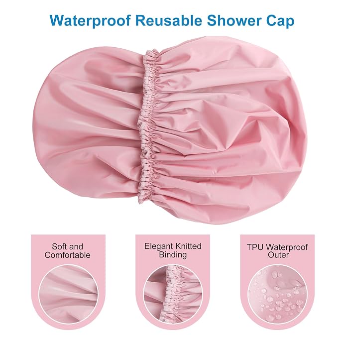 Shower Cap for Women, Double Layer Waterproof Bath Cap, Reusable Hair Protector - Image 6