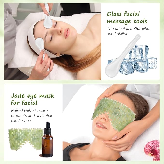 4 Pcs Jade Eye Mask & Skin-Safe Glass Facial Massage Tool, Jade Cooling Mask & - Image 3