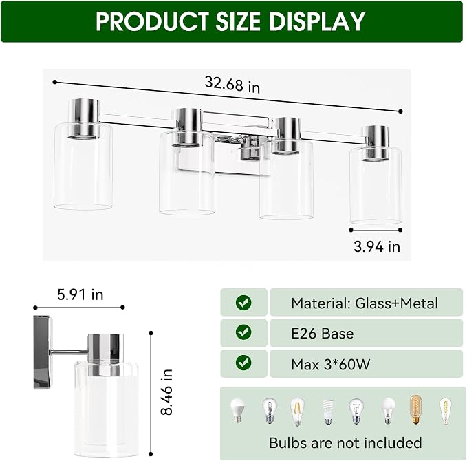 4-Light Modern Vanity Light Fixtures Over Mirror, Chrome Bathroom Light Fixtures - Image 6