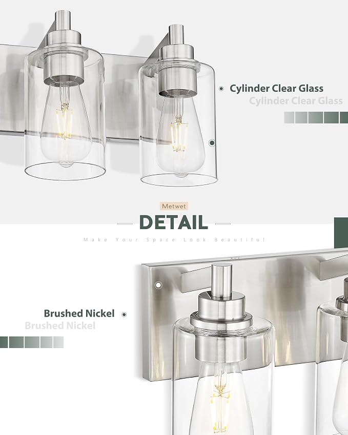 3-Light Bathroom Light Fixtures, Brushed Nickel Vanity Light - Image 2