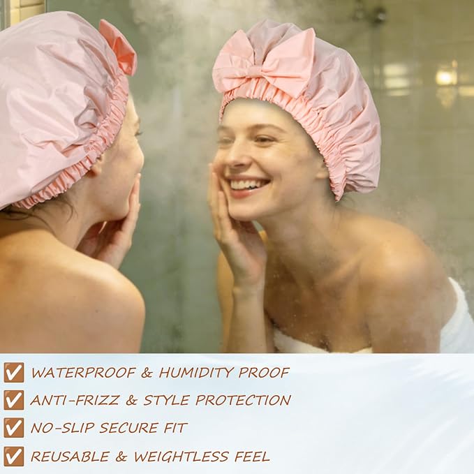 Shower Cap for Women, Cute Bow Waterproof Reusable Bath Cap, Non-Slip Anti - Image 4
