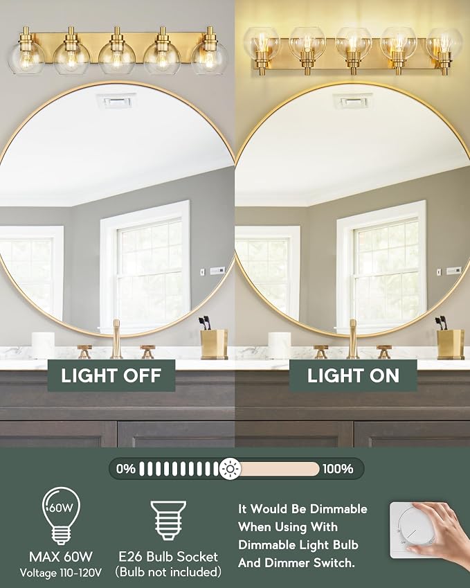 Bathroom Light Fixtures, 5 Light Brushed Gold Vanity Light, 32 Inch Modern Wall - Image 8