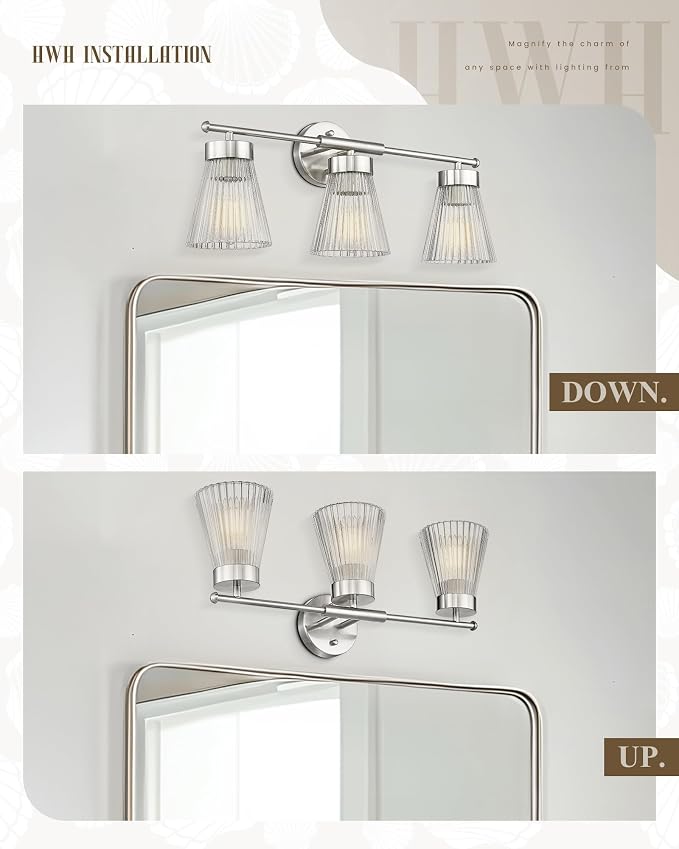 Brushed Nickel Bathroom Vanity Light, HWH 3-Light Vanity Lights - Image 4