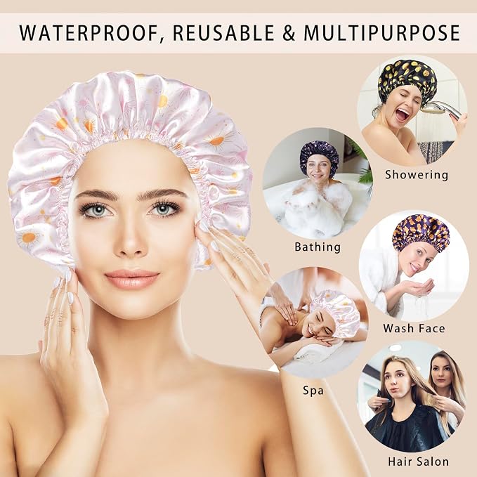 4 PCS Shower Cap for Women, Elastic and Reusable Bath Caps, Double Layers - Image 5