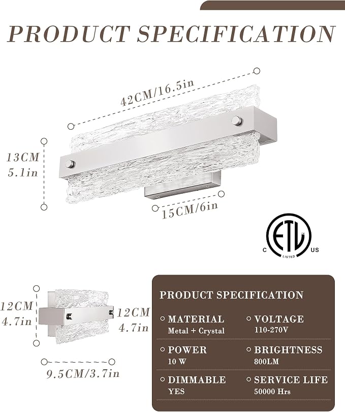 Brushed Nickel Bathroom Vanity Light, 16.5 Inch 10W Dimmable LED Bathroom Light - Image 6