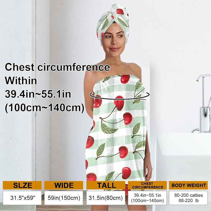 Cherry Print Bath Wrap Skirt and Hair Drying Cap Set – Absorbent Microfiber - Image 3