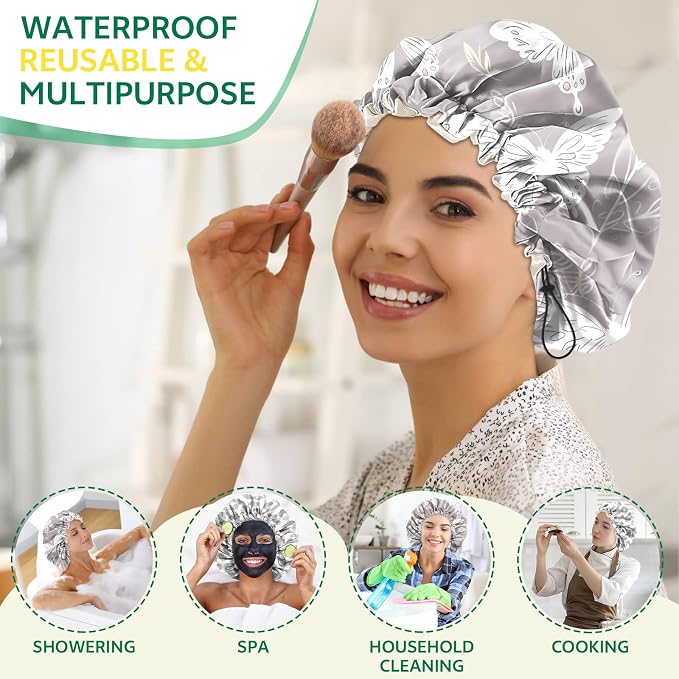 2 PCS Shower Cap Waterproof Double Layer Elastic Adjustable Reusable Hair Bath - Image 6