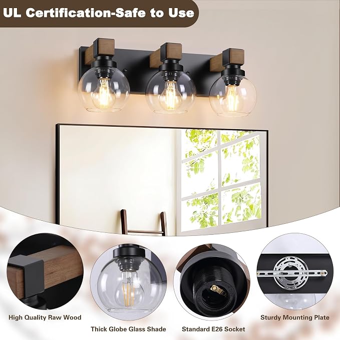 Farmhouse Bathroom Light Fixtures, 3-Light Rustic Wood Bathroom Lights Over - Image 3
