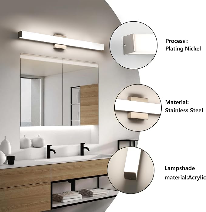 LED Bathroom Vanity Light Fixtures 31.5in Brushed Nickel, Dimmable24W 4000K - Image 2
