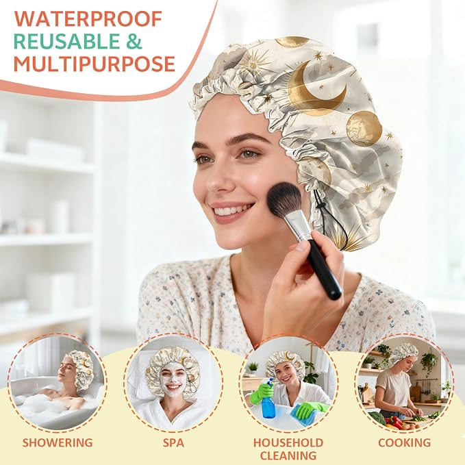 Shower Cap Reusable Double Layer Adjustable Elastic Waterproof EVA Hair Bath - Image 6
