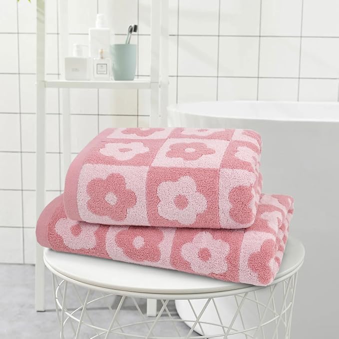 Jacquotha 2-Pieces Luxury Bath Towels Checkered Floral, Bathroom Decor & Pool - Image 3