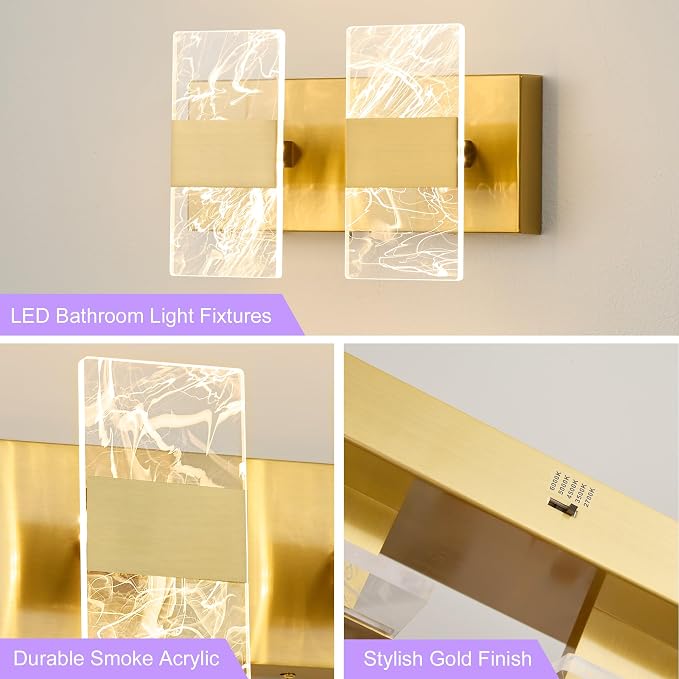 Modern LED Bathroom Light Fixtures Dimmable 2-Light Gold Vanity Light, 5CCT - Image 6