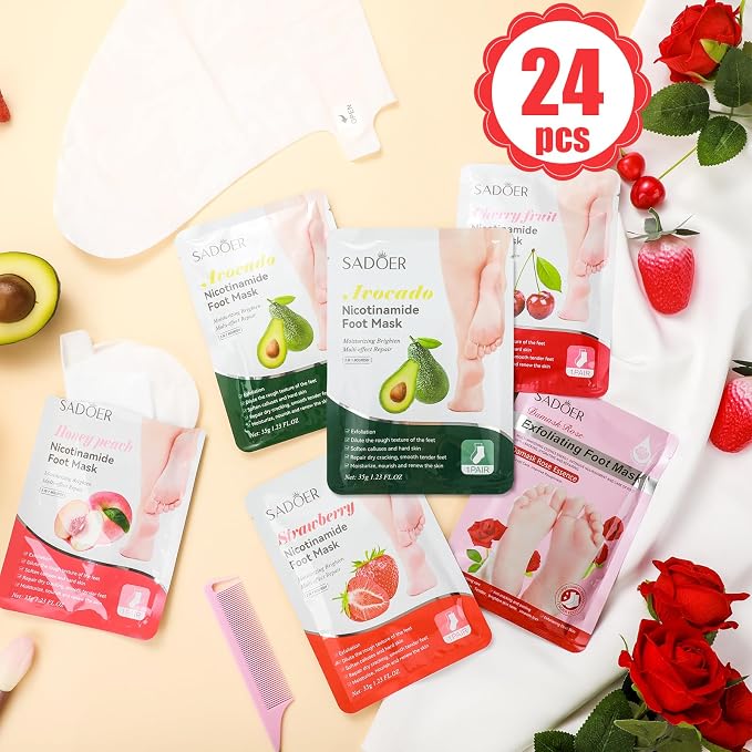 24 Pcs Fruits Beauty Foot Mask Bulk Hydrating Foot Moisturizing Socks Shea - Image 2