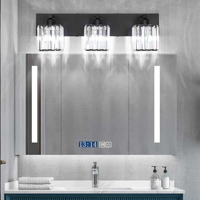 Aipsun Black Vanity Light Bathroom Lighting Fixtures 3 Light Crystal Modern - Image 5