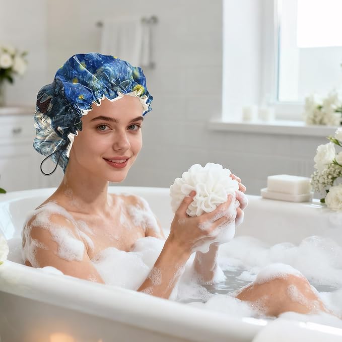 Shower Cap Reusable Double Layer Adjustable Elastic Waterproof EVA Hair Bath - Image 7