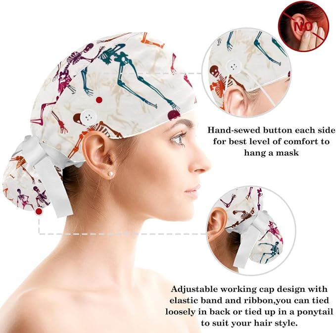 Women Working Cap with Buttons Bouffant Hat Autumn Leaves Nurse Scrub Caps Long - Image 3