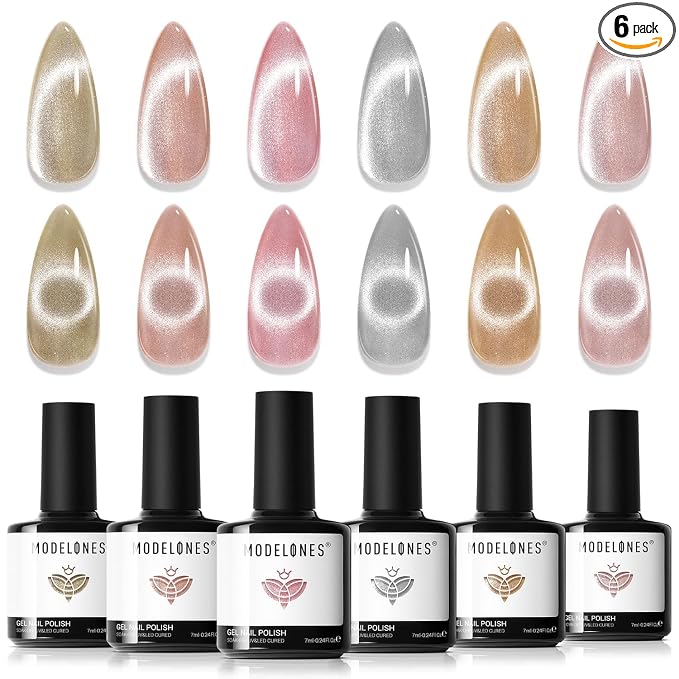 modelones Cat Eye Gel Nail Polish Set, Holographic Glitter 6 Colors by MODELONES