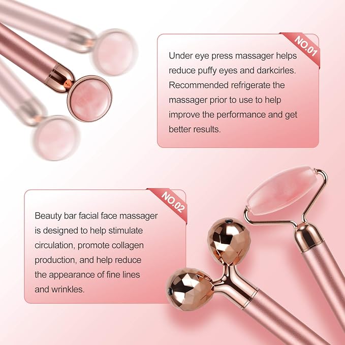 3-IN-1 Electric Jade Roller 3D Roller Facial Roller & Face Massager, Rose Quartz - Image 7