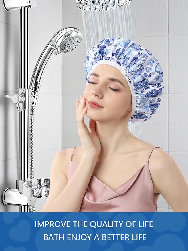 Years calm Terry Lined Shower Cap, Triple Layer Heart Motifs, Waterproof - Image 8