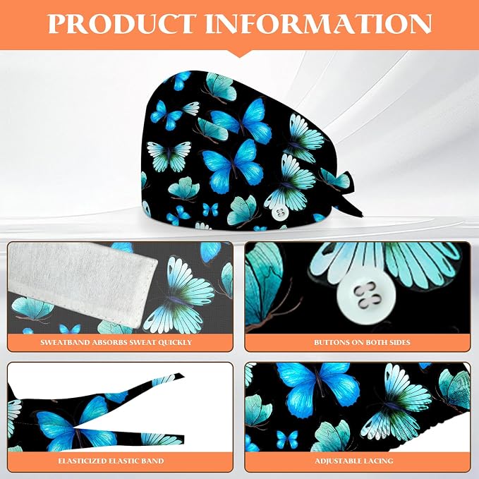 Adjustable Scrub Cap with Buttons & Sweatband, Working Hat with Elastic Tie Back - Image 2