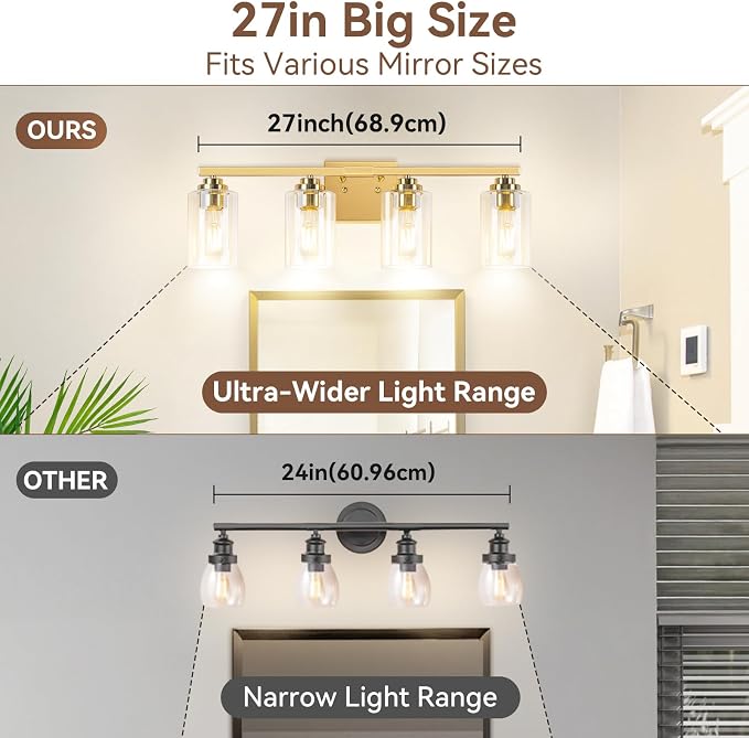 4-Light Bathroom Light Fixtures, Brushed Gold Vanity Lights, Classic Wall Lamp - Image 6