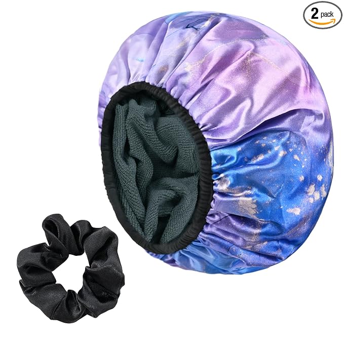 Purple Marble Print Satin Shower Cap, Three-Layer Terry Cloth Lined, by Yonchic