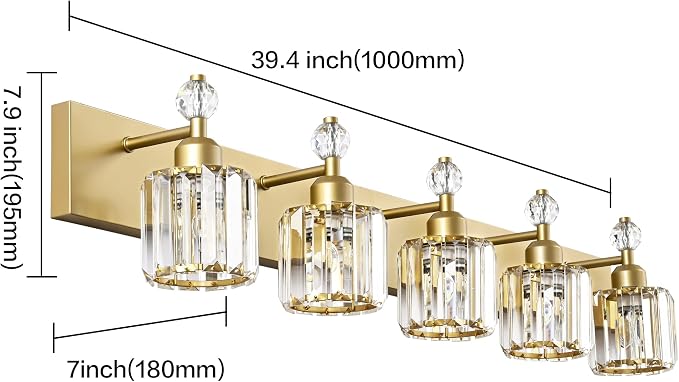 PRESDE 5-Crystal Bathroom Vanity Light Modern Gold Bathroom Lights Fixtures - Image 5