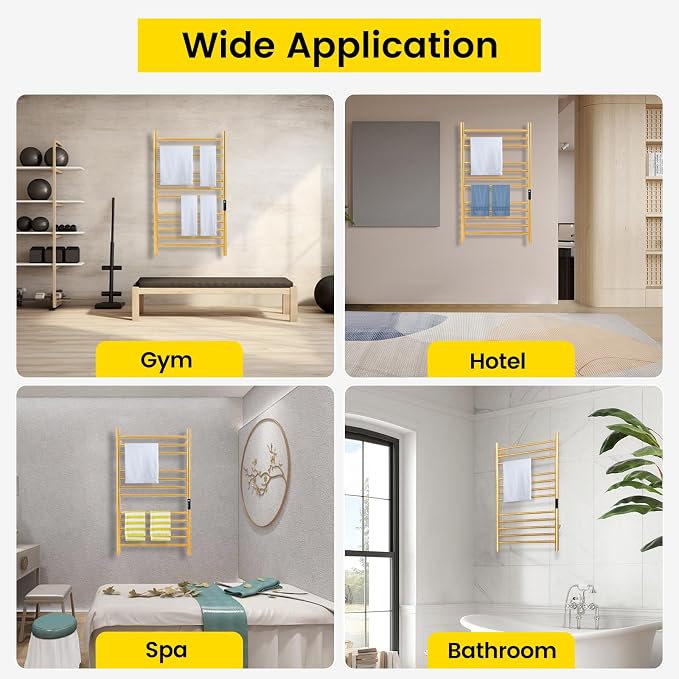 12-Bars Gold Heated Towel Rack–23" Wall Mounted Towel Warmer - Image 7