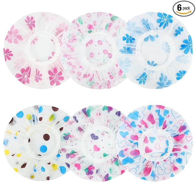 6 Pcs Shower Caps, Waterproof Bath Caps Plastic Reusable Shower Caps Elastic by Pengxiaomei