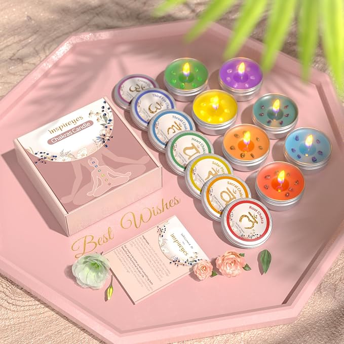 Inspireyes Chakra Candles Set of 7, Meditation Crystal Scented Candles Gift Set - Image 5