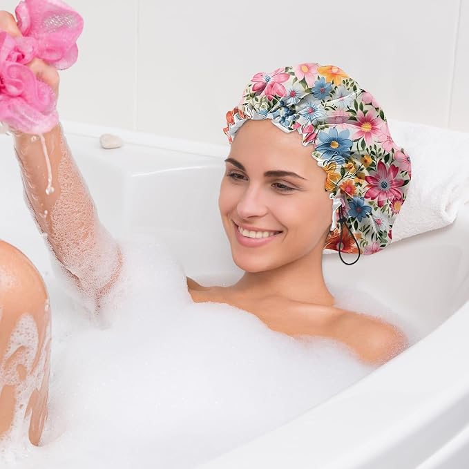 2 PCS Shower Cap Waterproof Double Layer Elastic Adjustable Reusable Hair Bath - Image 7