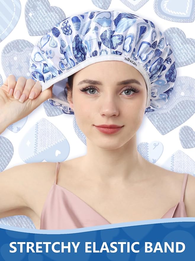Years calm Terry Lined Shower Cap, Triple Layer Heart Motifs, Waterproof - Image 4
