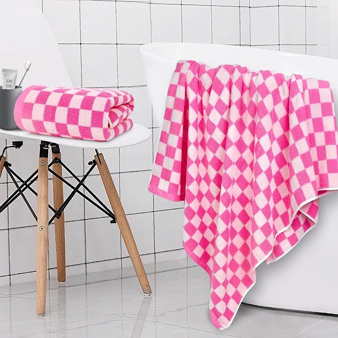 Jacquotha Hot-Pink Checkered Cotton Bath Towels Set of 2 - Image 3