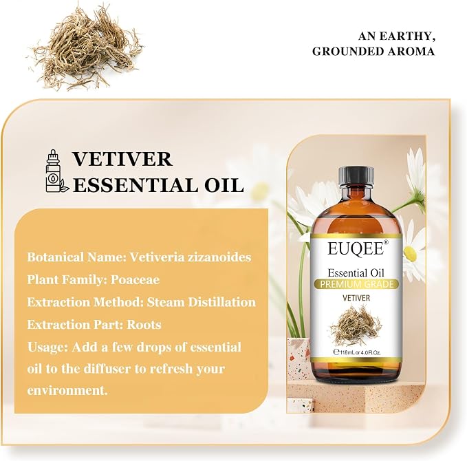 EUQEE Vetiver Essential Oil 4oz/118ML Large Bottle Vetiver Oil Premium - Image 2