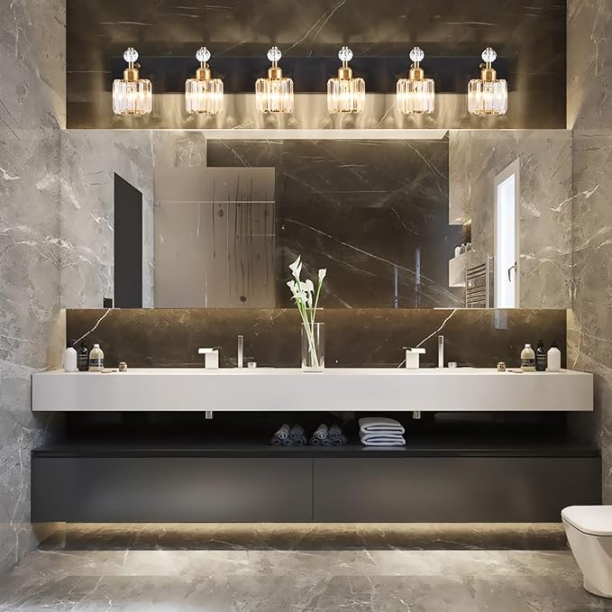 PRESDE Crystal 6 Light Bathroom Vanity Lights Black and Gold Bathroom Lights - Image 2
