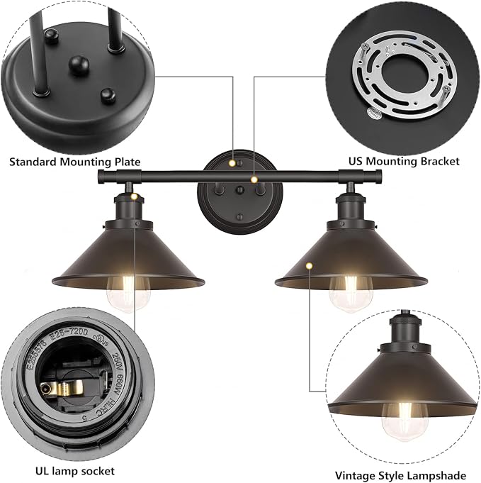 Licperron Black 2-Light Vanity Wall Sconce Lighting, Farmhouse Bathroom Wall - Image 3